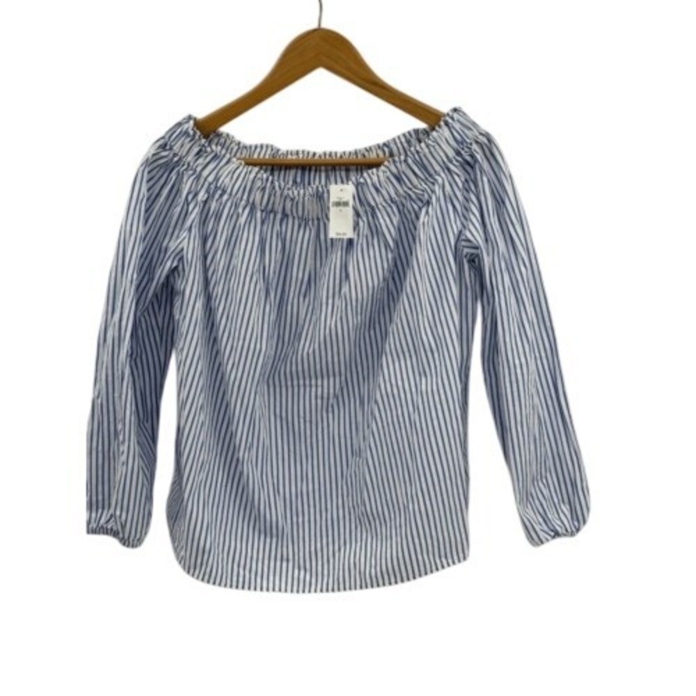 Gap Top Blouse Off Shoulder Women Small Blue‎ White Stripes 3/4 Sleeve New